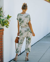 Sunset View Pocketed Palm Print Striped Jumpsuit - Taupe Ins Street