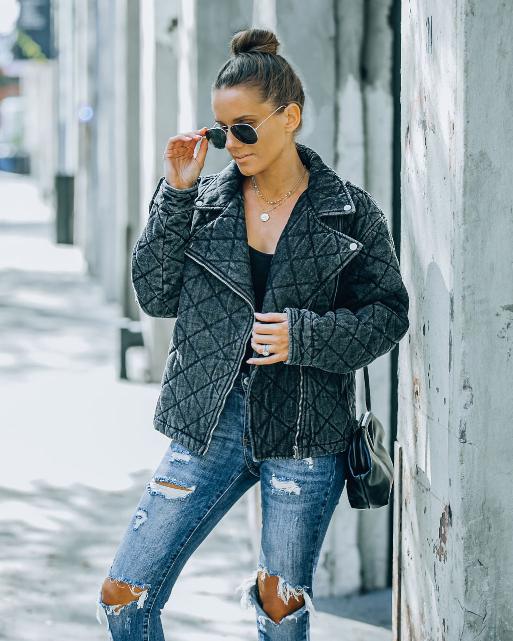 Storm Pocketed Quilted Denim Moto Jacket - Faded Black - FINAL SALE Ins Street