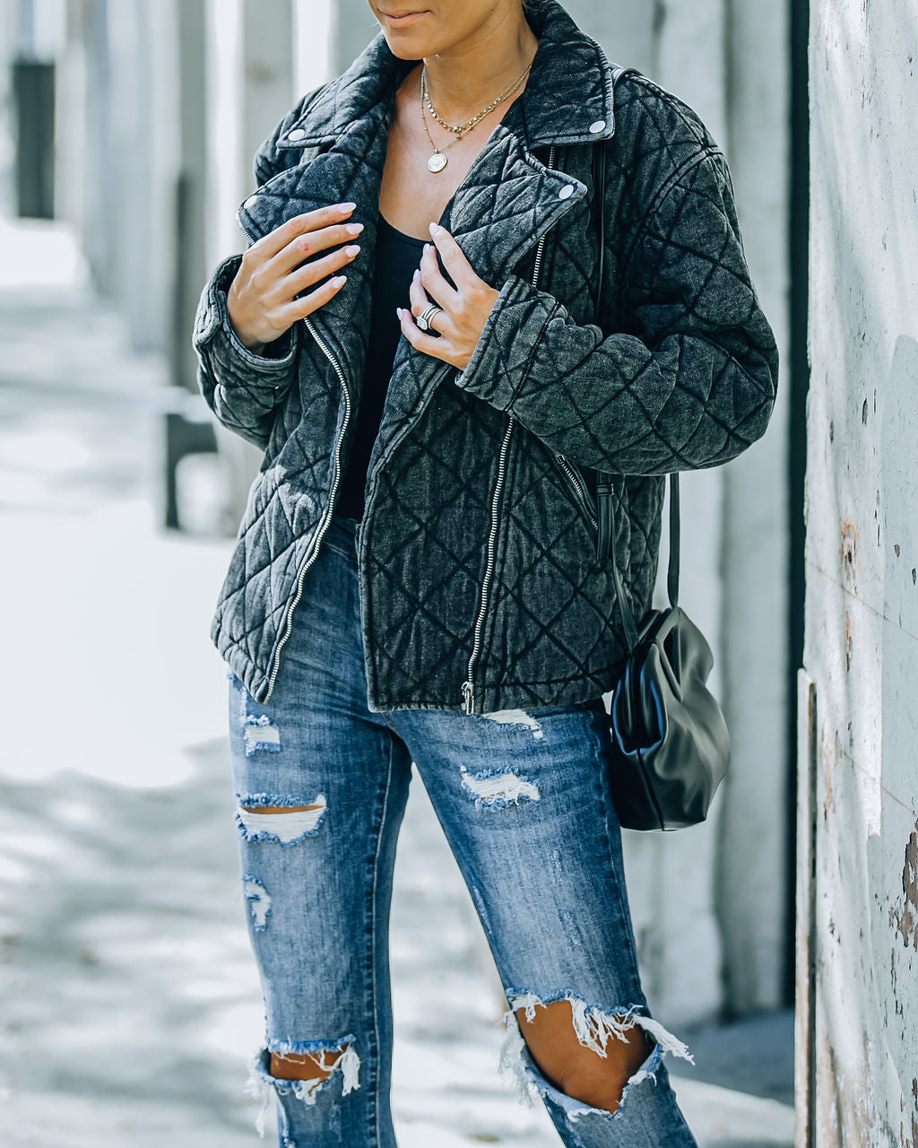 Storm Pocketed Quilted Denim Moto Jacket - Faded Black - FINAL SALE Ins Street