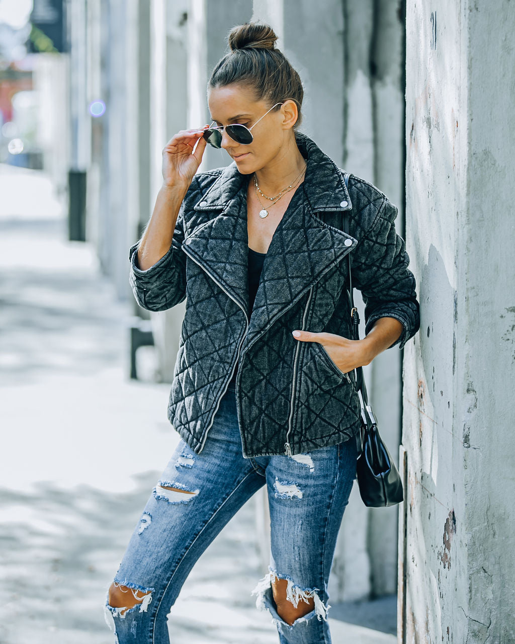 Storm Pocketed Quilted Denim Moto Jacket - Faded Black - FINAL SALE Ins Street