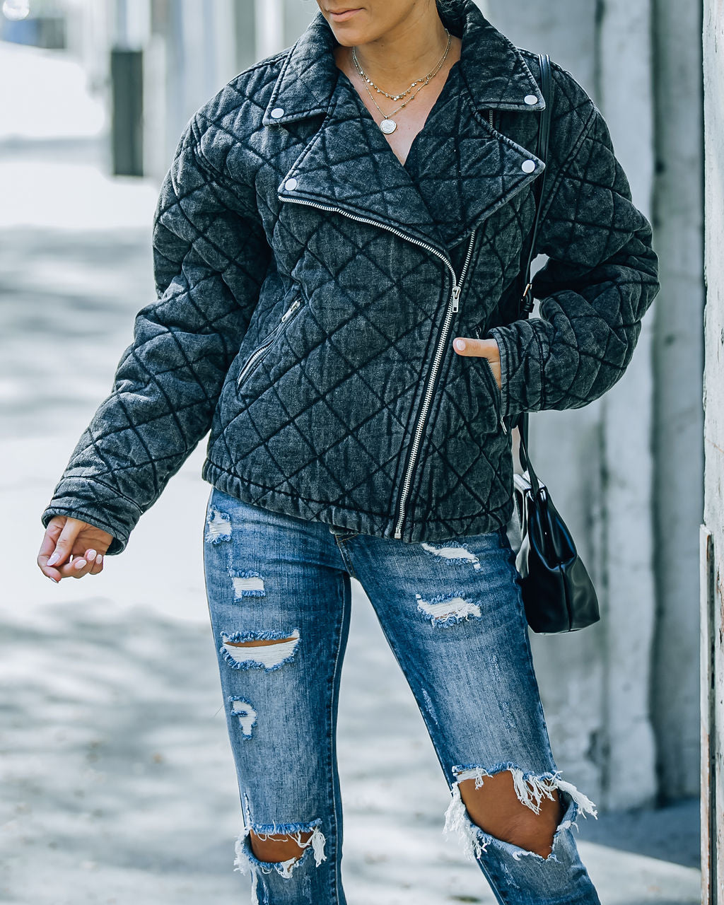 Storm Pocketed Quilted Denim Moto Jacket - Faded Black - FINAL SALE Ins Street