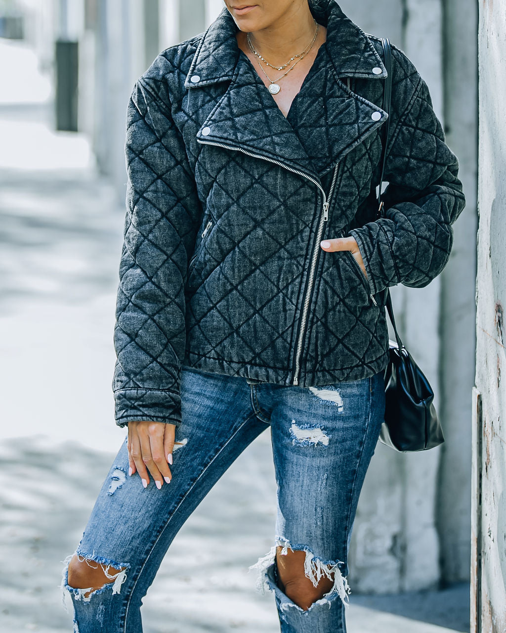 Storm Pocketed Quilted Denim Moto Jacket - Faded Black - FINAL SALE Ins Street