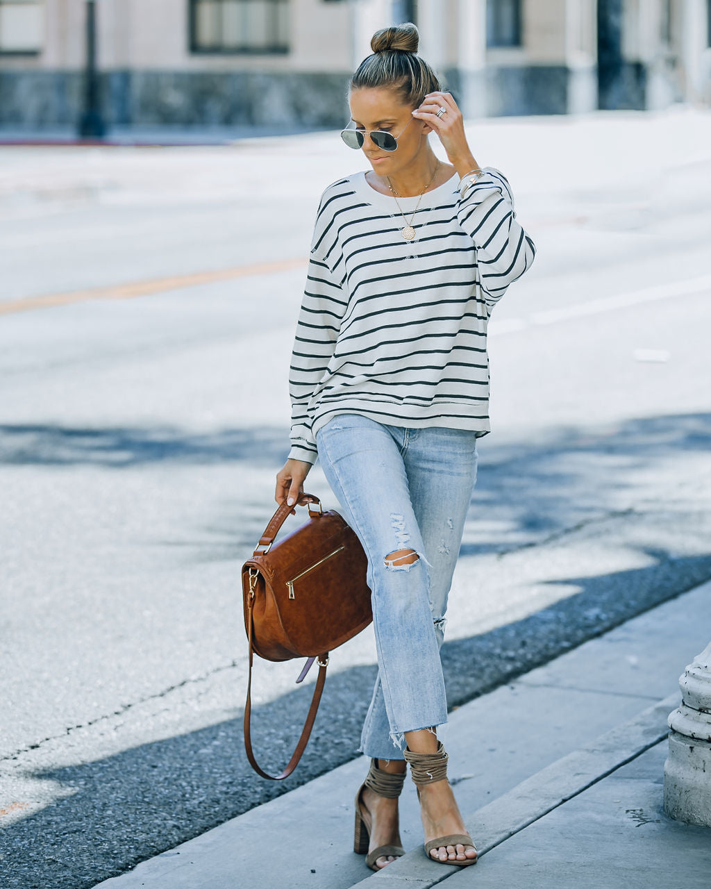 Gabriel Cotton Blend Striped Knit Top - Cream Black Ins Street