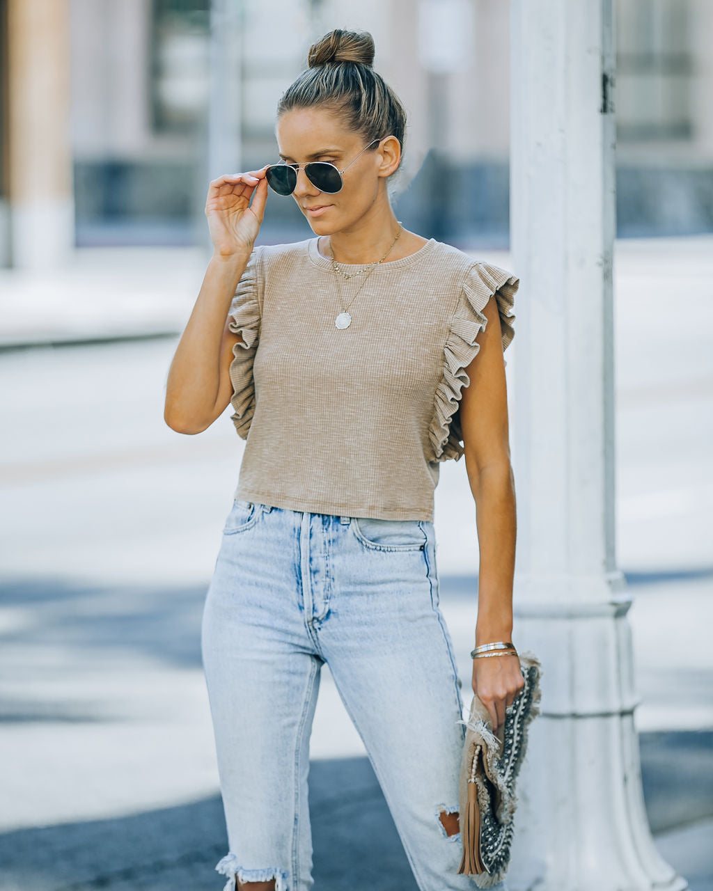 Monse Cotton Ruffle Crop Top - Taupe Ins Street