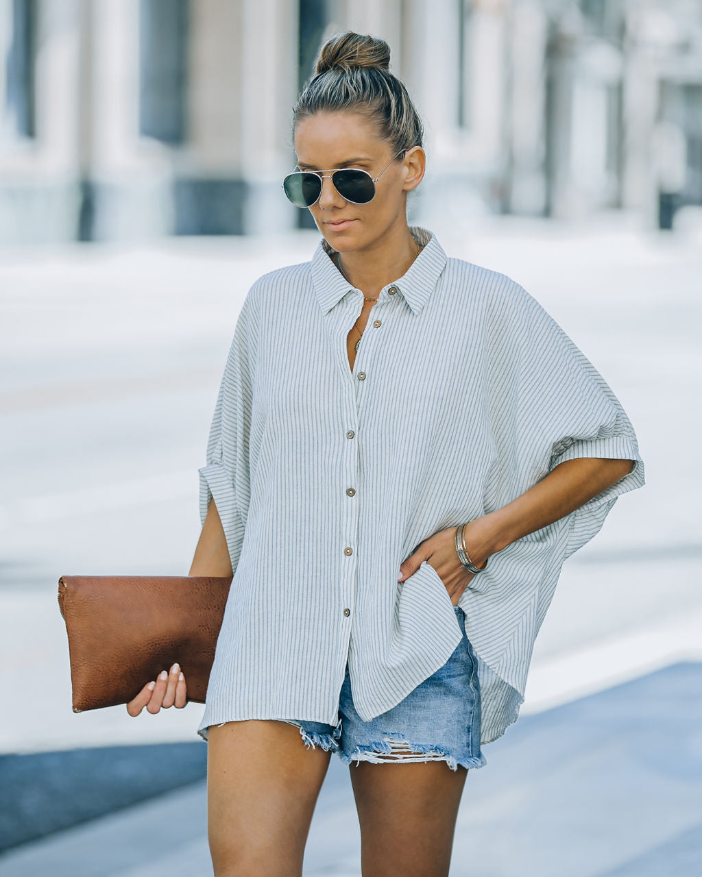 Boden Striped Relaxed Button Down Top - Denim Blue InsStreet