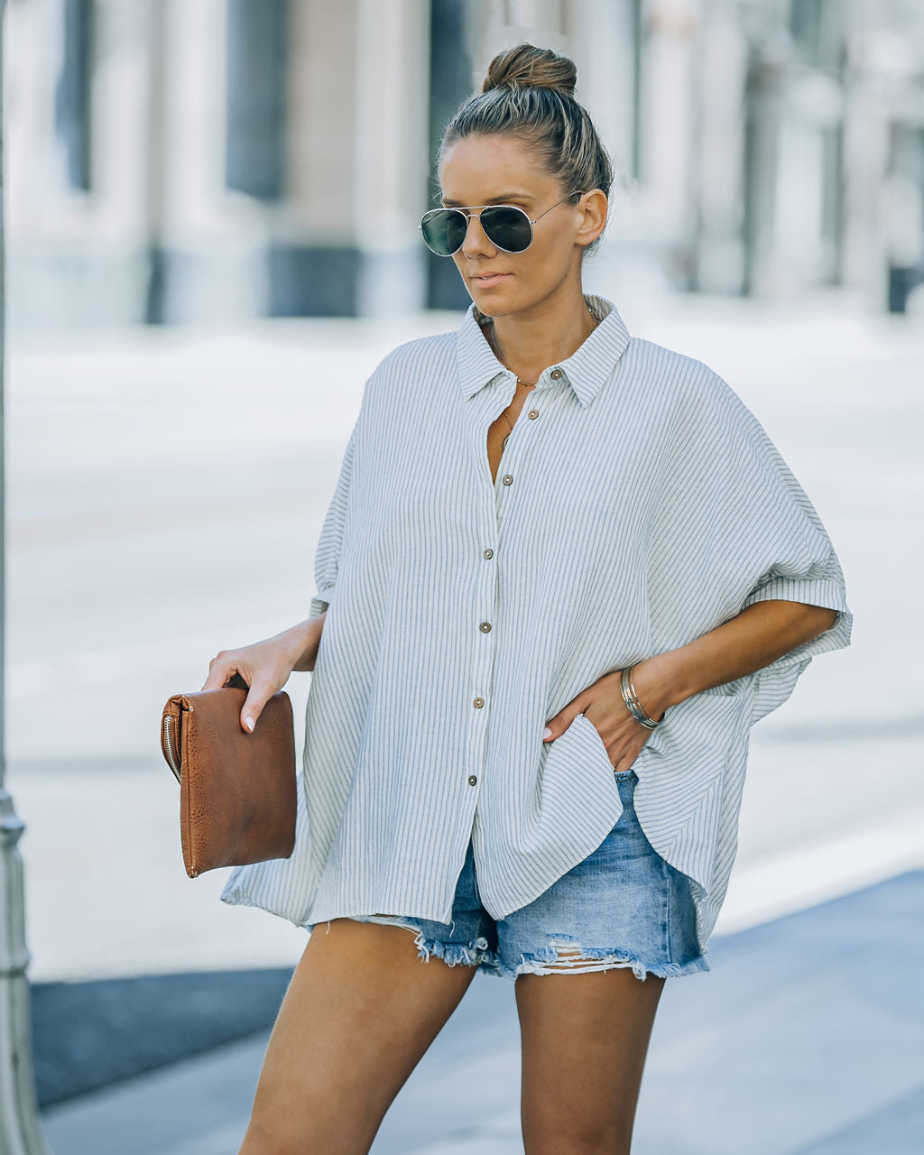 Boden Striped Relaxed Button Down Top - Denim Blue InsStreet