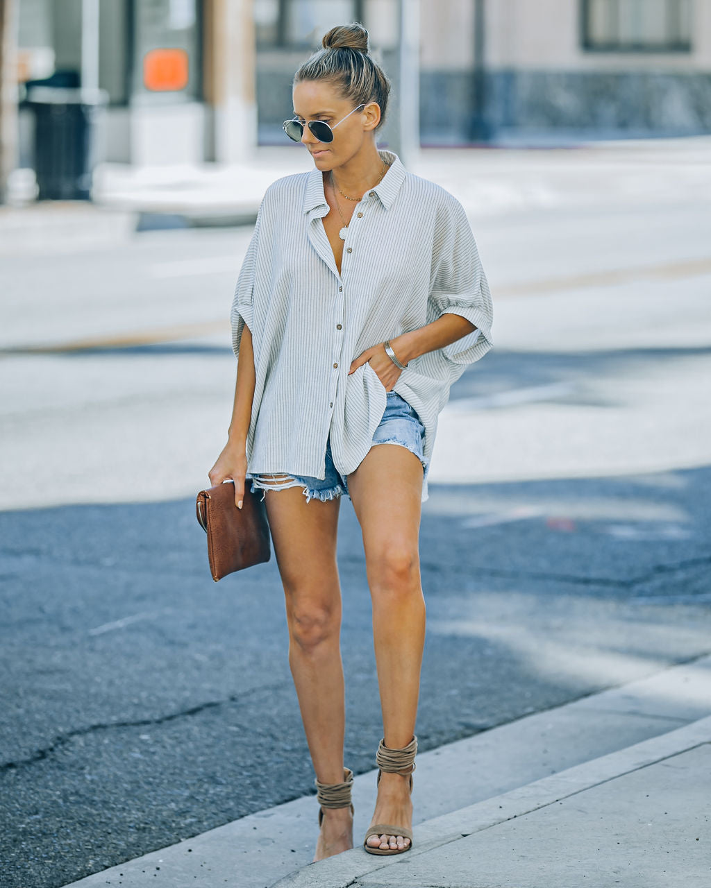 Boden Striped Relaxed Button Down Top - Denim Blue InsStreet