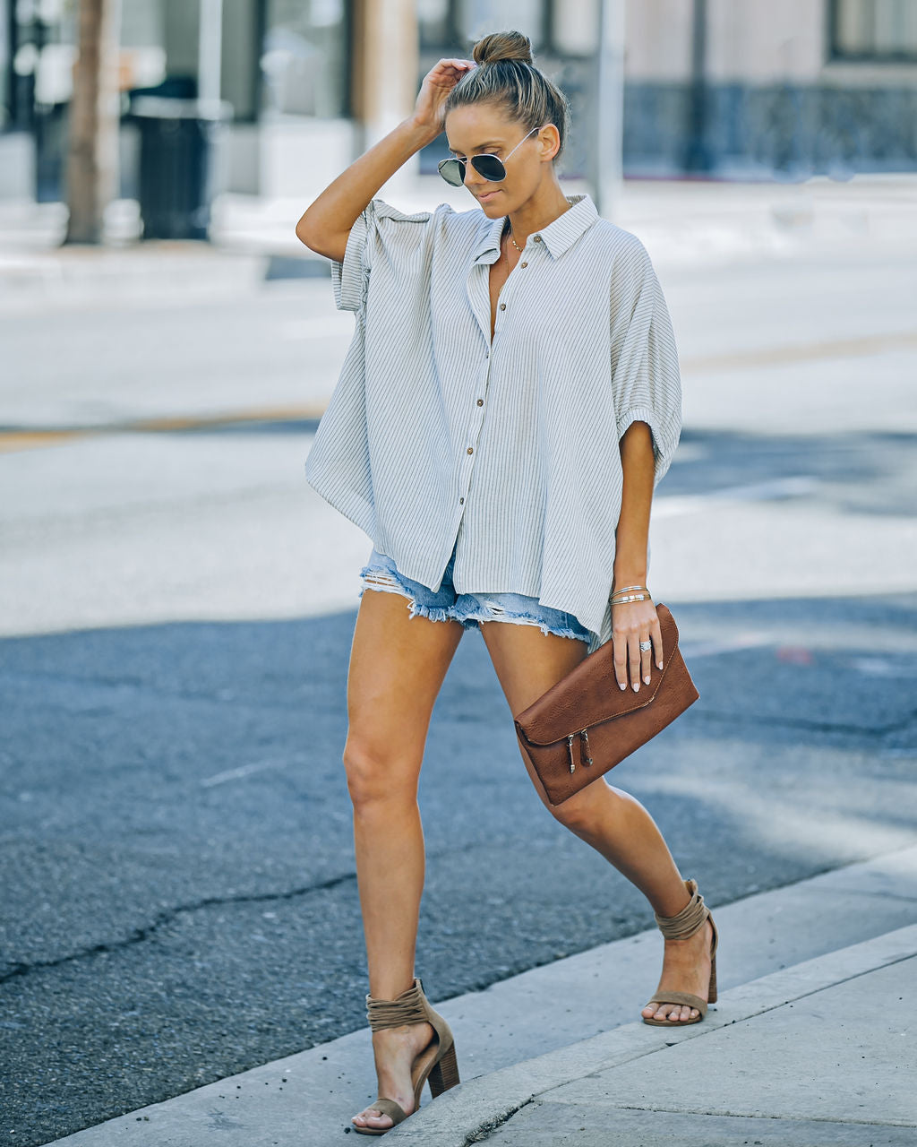 Boden Striped Relaxed Button Down Top - Denim Blue InsStreet