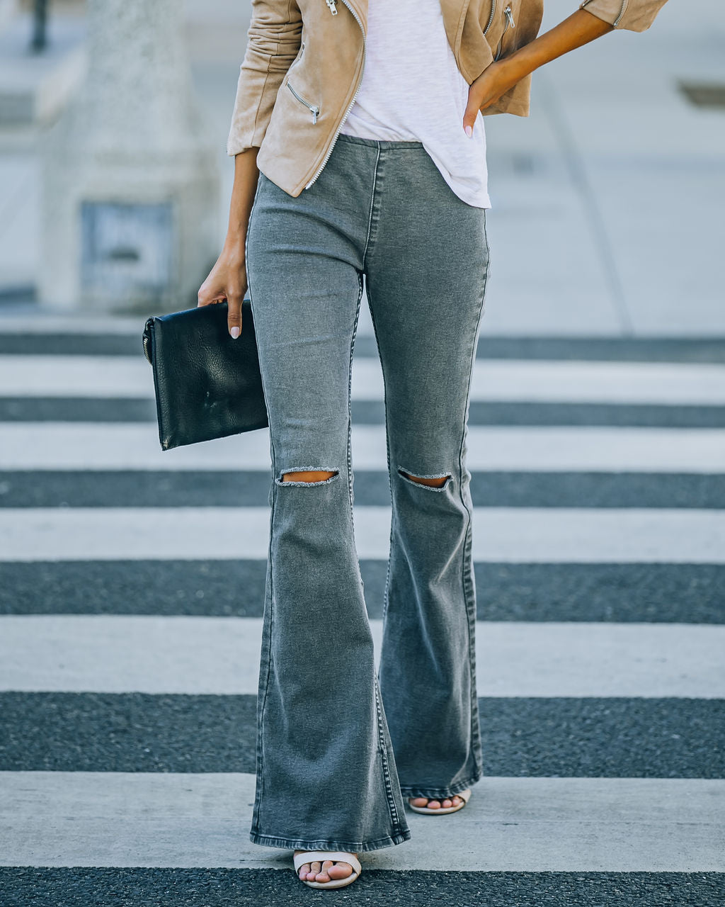 Road Trip Distressed Bell Bottom Denim Pants - Light Charcoal Ins Street