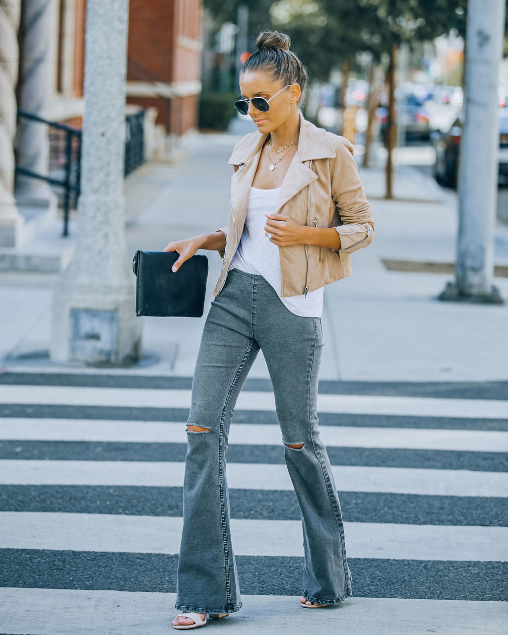 Road Trip Distressed Bell Bottom Denim Pants - Light Charcoal Ins Street