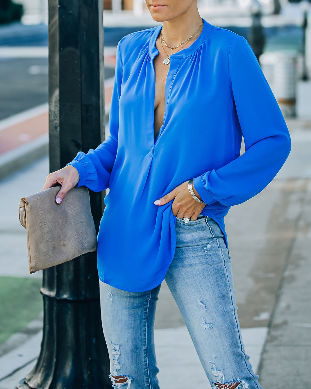 To The Fullest Split Neck Blouse - Royal Blue - FINAL SALE OLIV-001