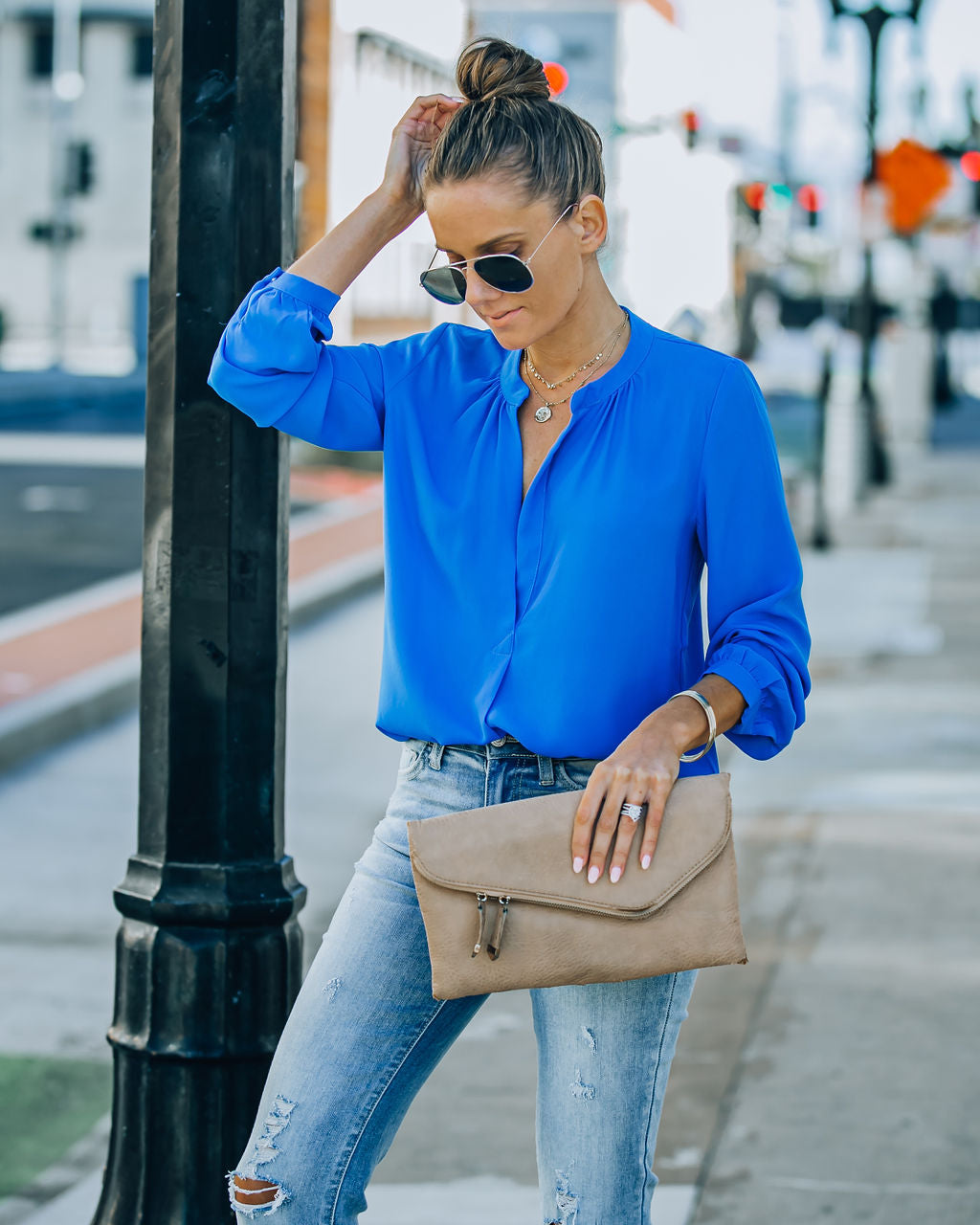 To The Fullest Split Neck Blouse - Royal Blue - FINAL SALE OLIV-001