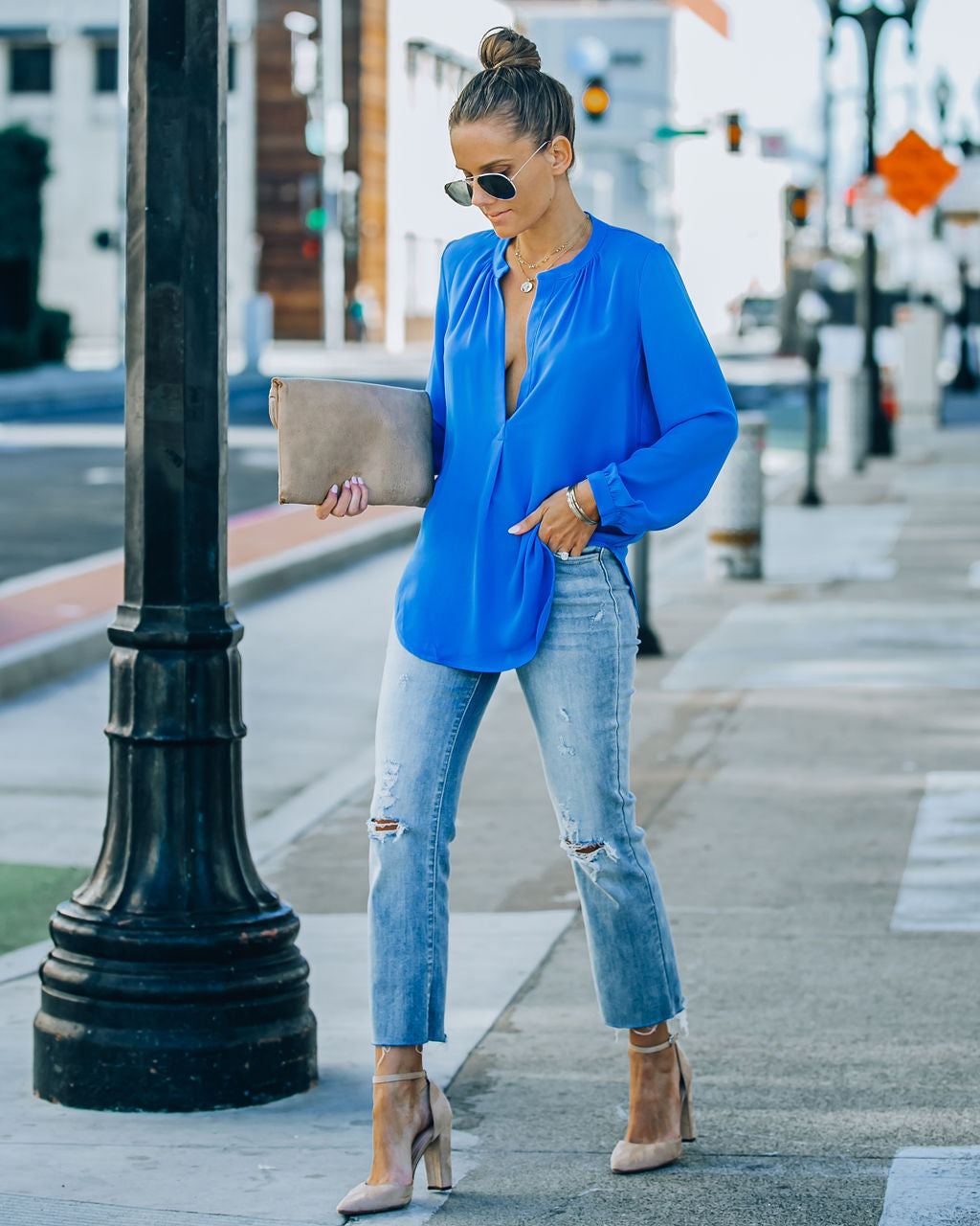 To The Fullest Split Neck Blouse - Royal Blue - FINAL SALE OLIV-001