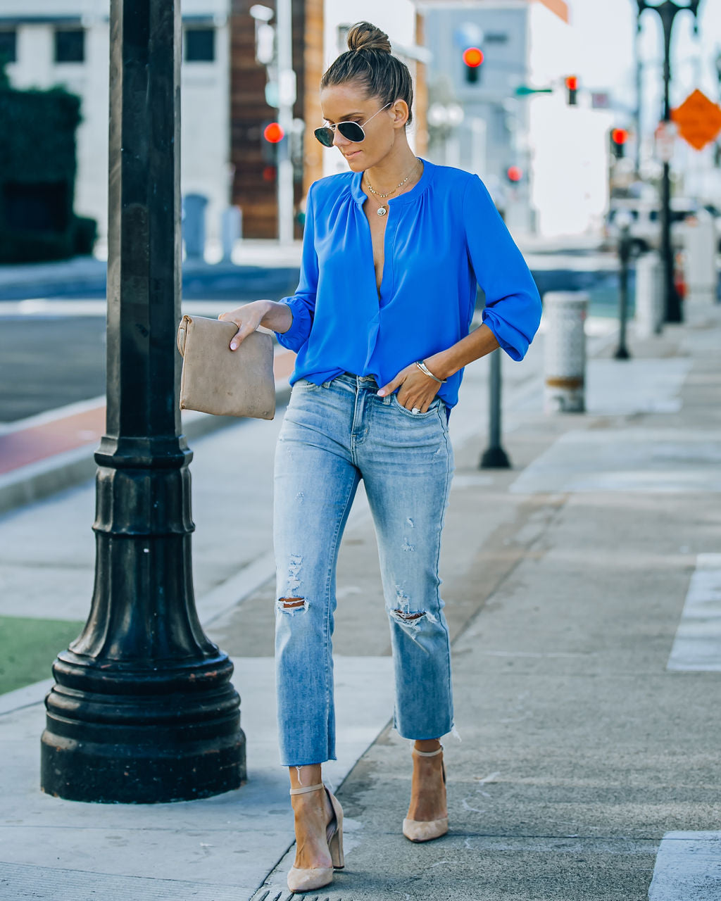 To The Fullest Split Neck Blouse - Royal Blue - FINAL SALE OLIV-001