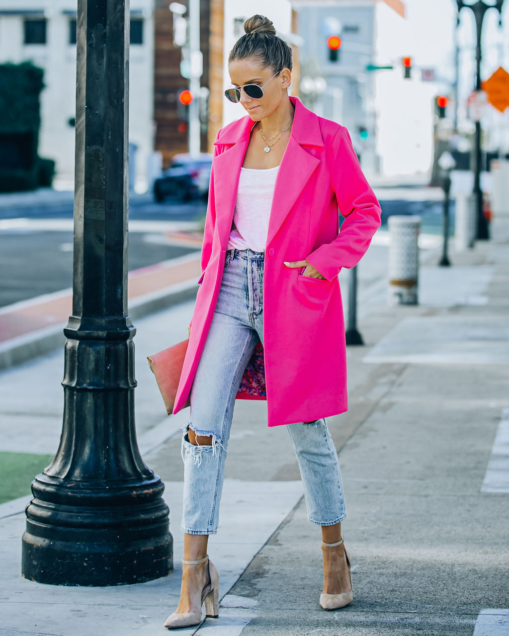 Frisco Pocketed Coat - Hot Pink Ins Street