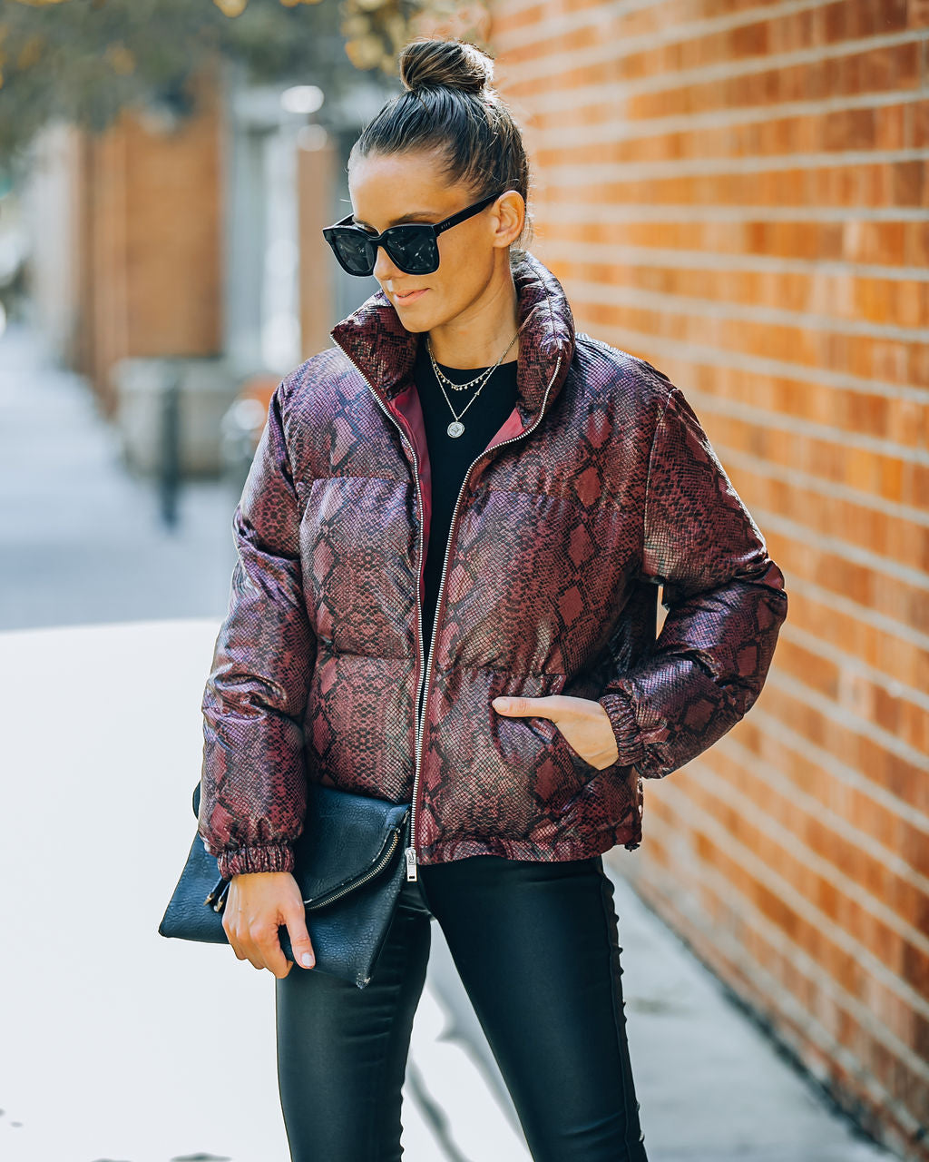 Giada Pocketed Python Puffer Jacket - Burgundy Ins Street