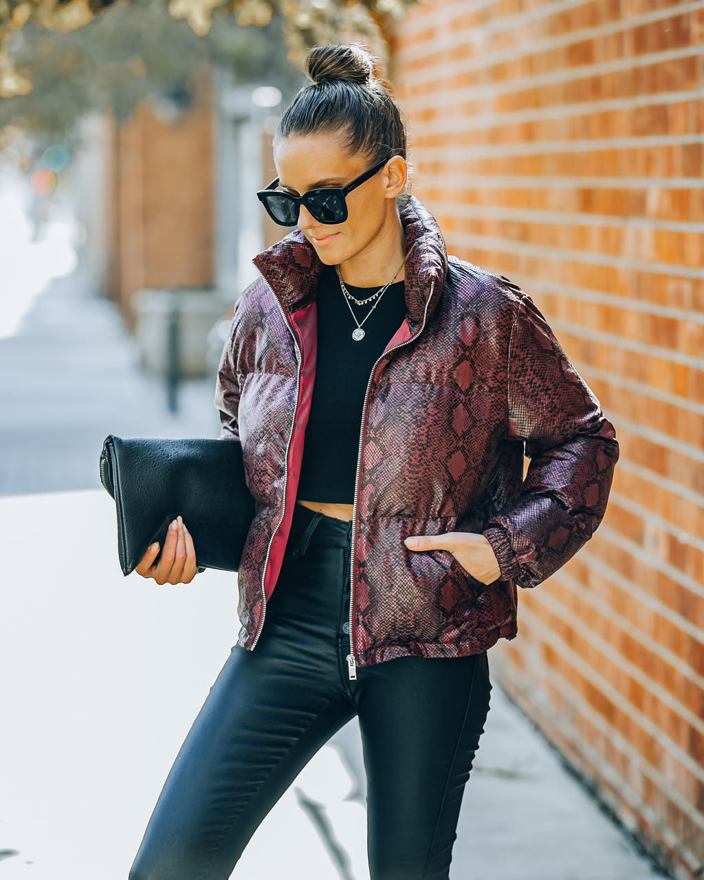 Giada Pocketed Python Puffer Jacket - Burgundy Ins Street