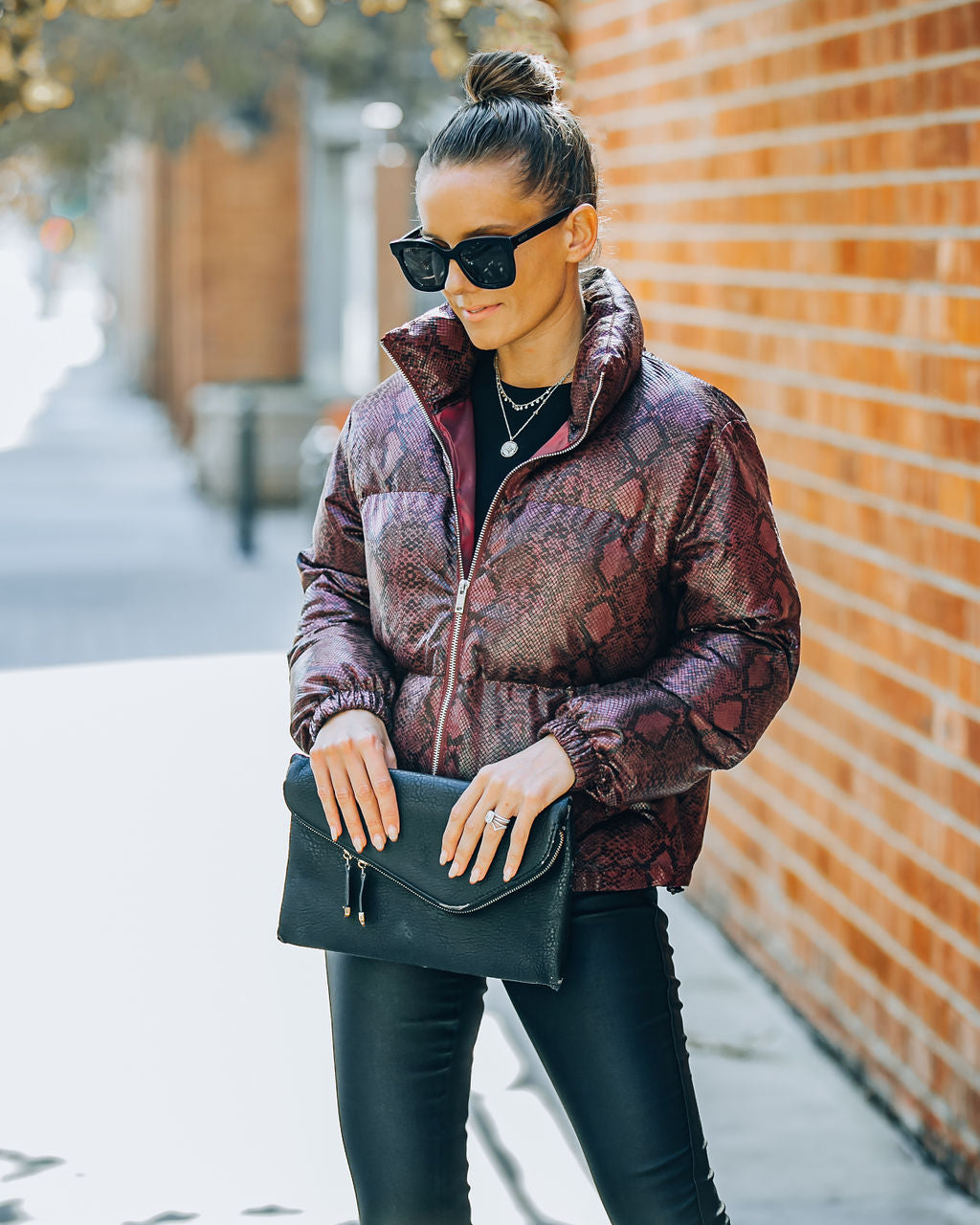 Giada Pocketed Python Puffer Jacket - Burgundy Ins Street