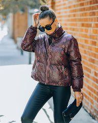 Giada Pocketed Python Puffer Jacket - Burgundy Ins Street