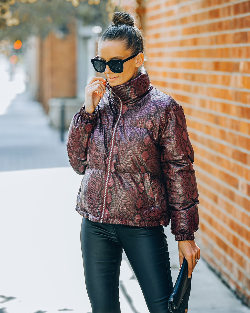 Giada Pocketed Python Puffer Jacket - Burgundy Ins Street