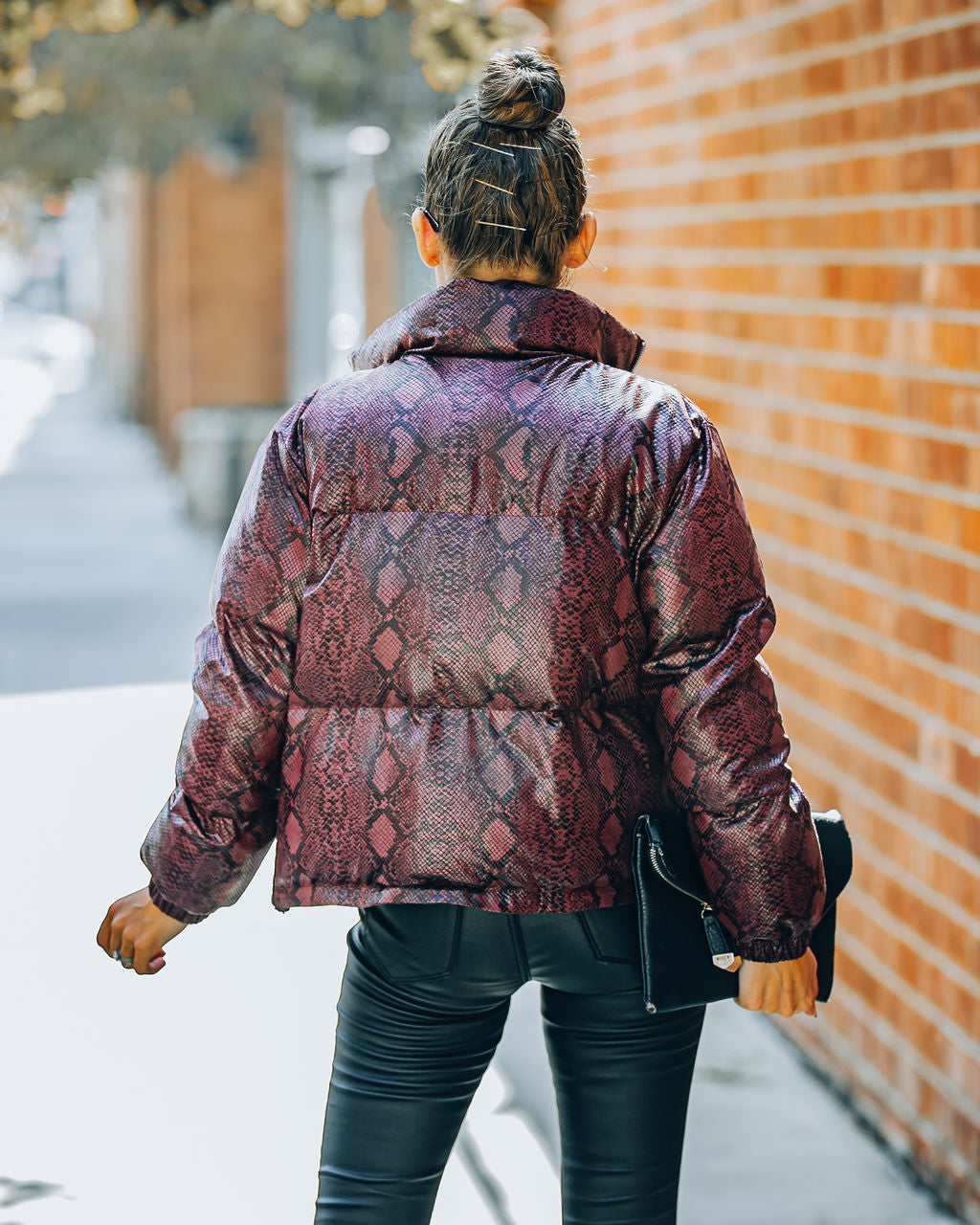 Giada Pocketed Python Puffer Jacket - Burgundy Ins Street