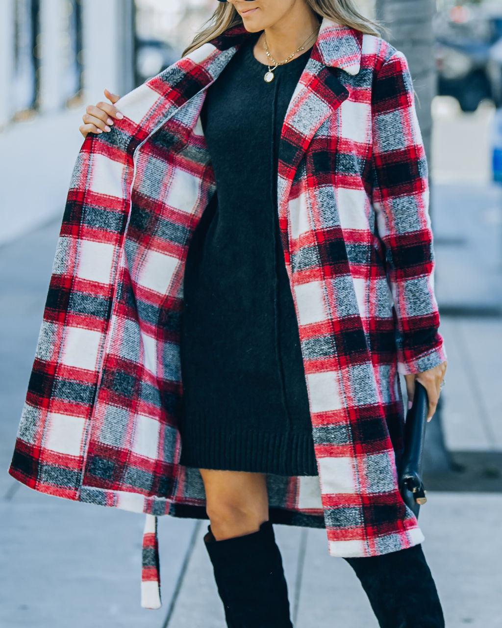 Wishful Winter Pocketed Plaid Coat - Red Ins Street