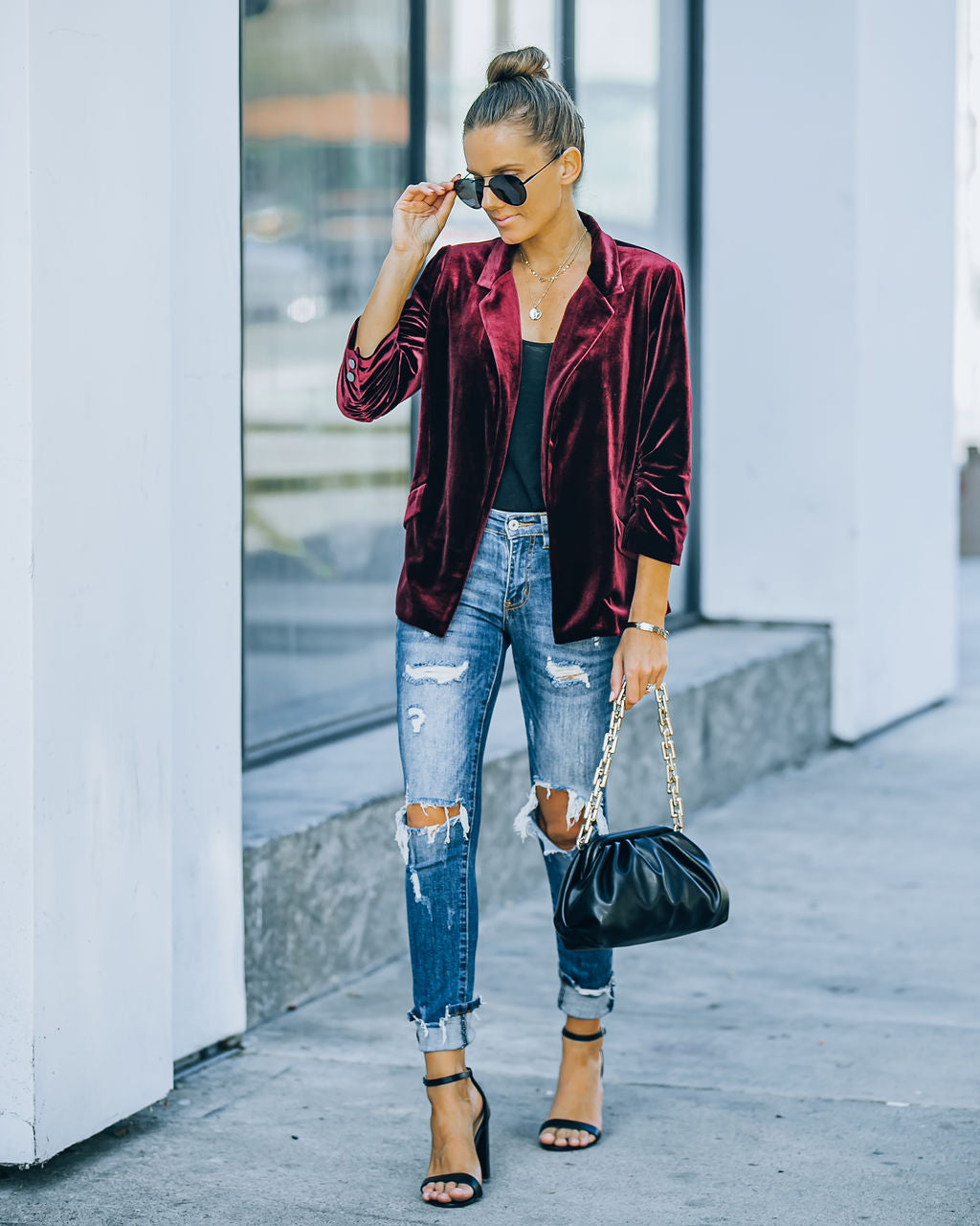 Claudia Velvet Ruched Sleeve Blazer - Burgundy SKIE-001