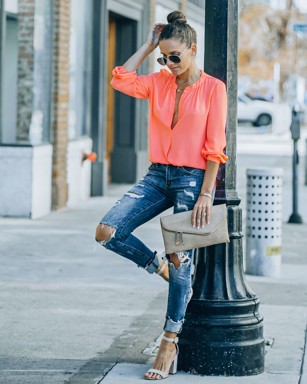 To The Fullest Split Neck Blouse - Coral - FINAL SALE OLIV-001