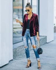 Claudia Velvet Ruched Sleeve Blazer - Burgundy SKIE-001