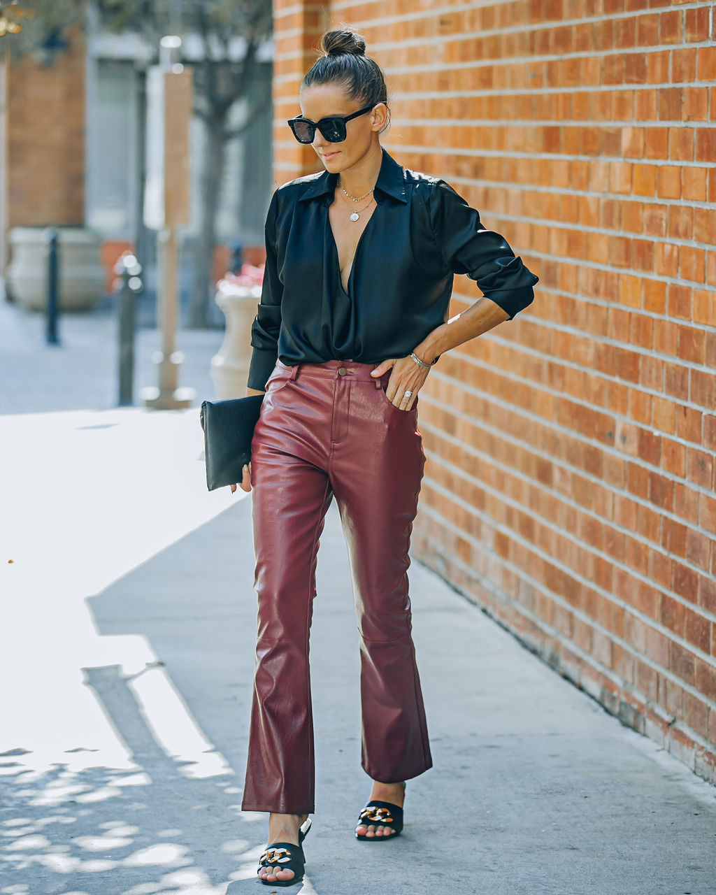 Leather Pants Outfit Idea: Burgundy Belted Leather Blazer +