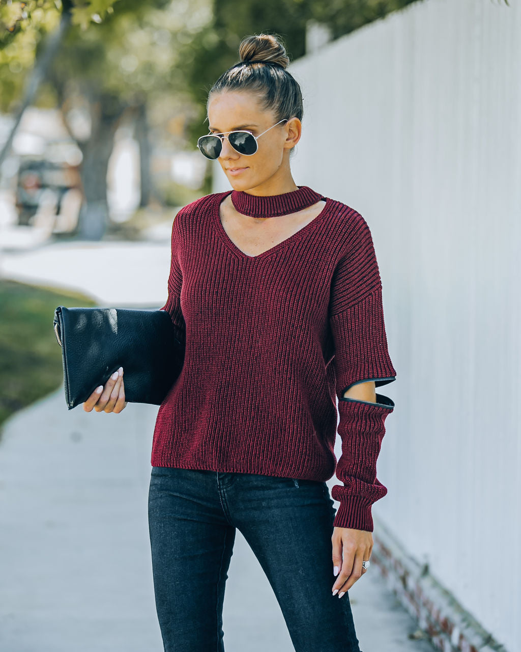 Brantley Cotton Cutout Zip Sweater - Burgundy - FINAL SALE Insstreet