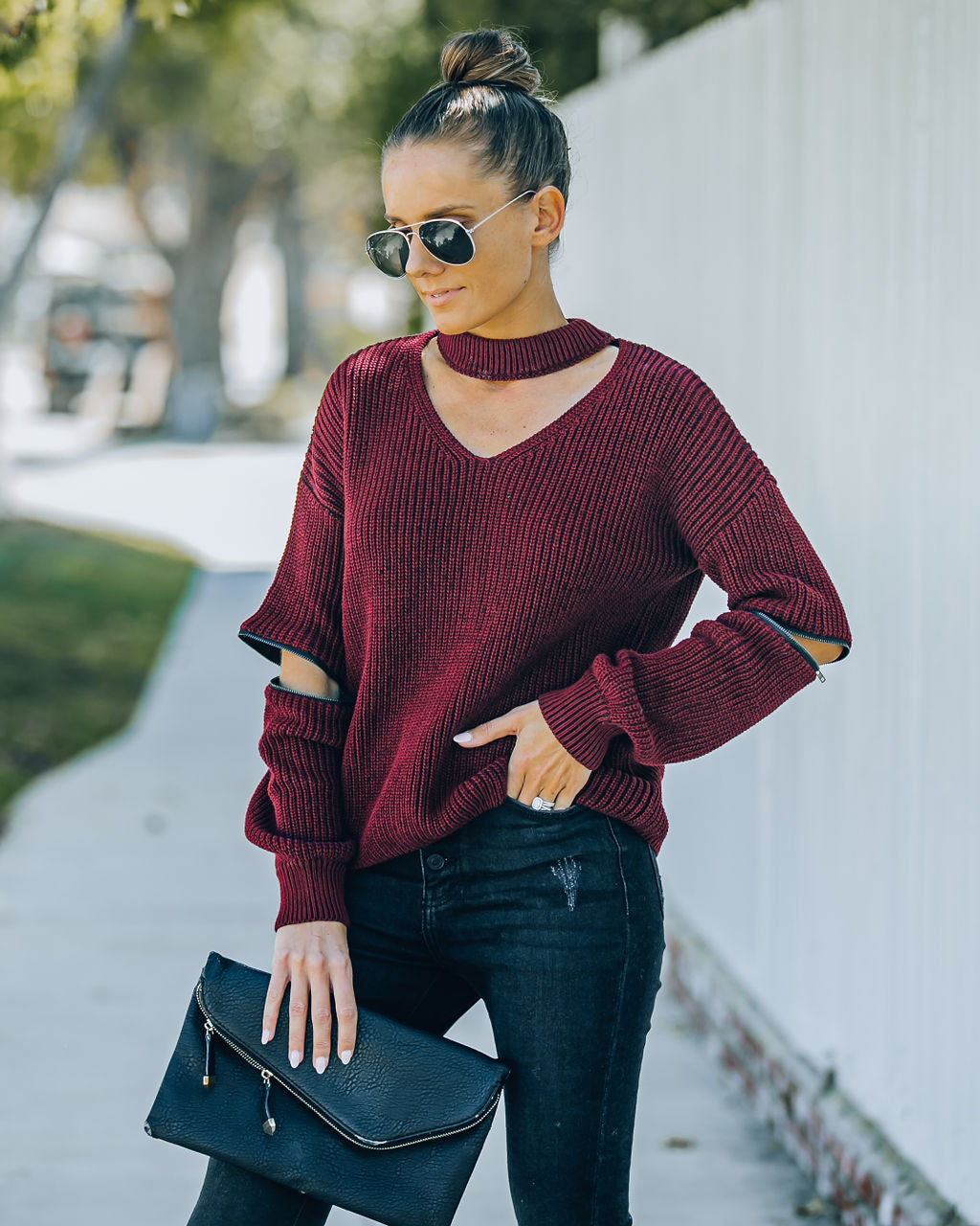 Brantley Cotton Cutout Zip Sweater - Burgundy - FINAL SALE Insstreet