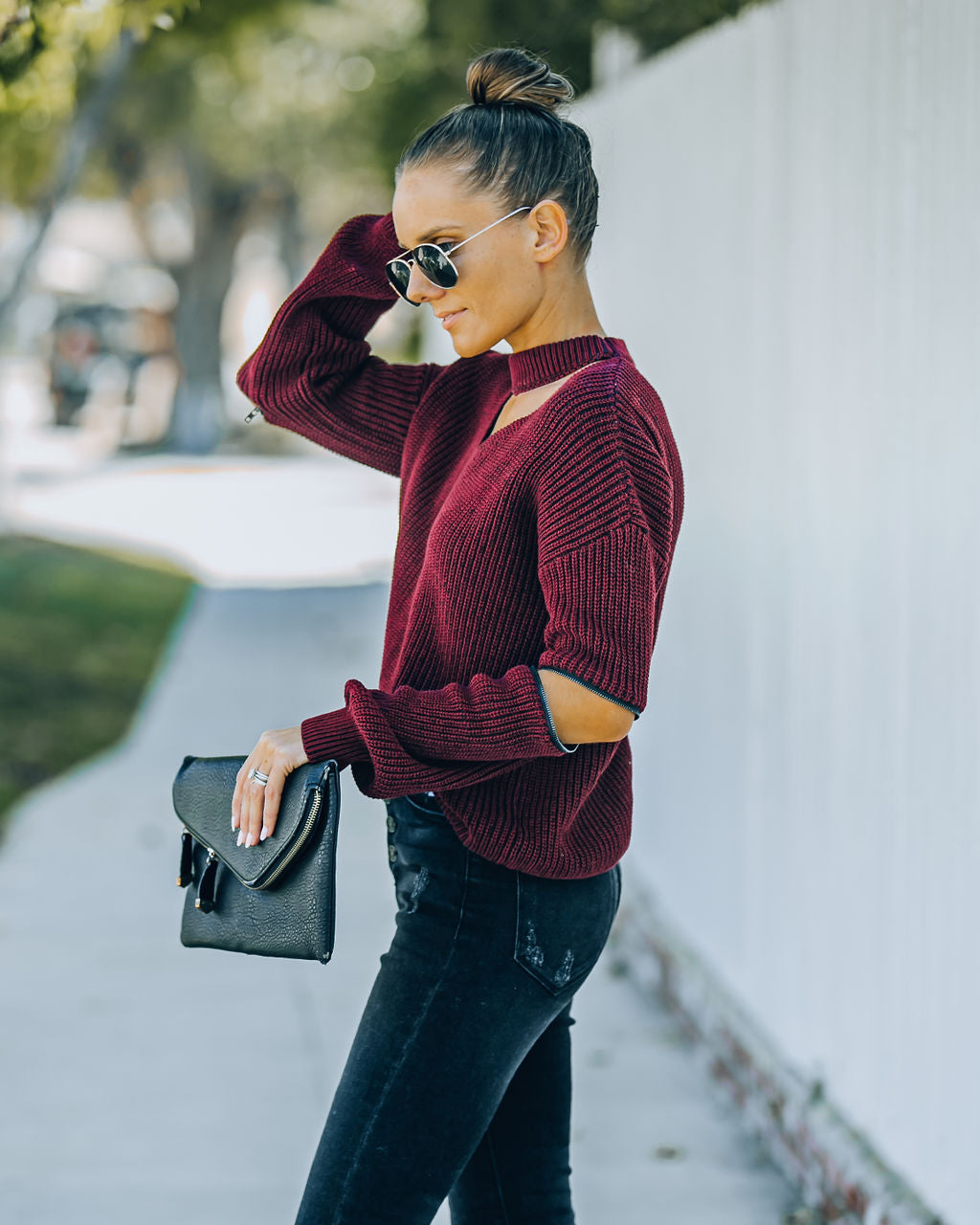 Brantley Cotton Cutout Zip Sweater - Burgundy - FINAL SALE Insstreet