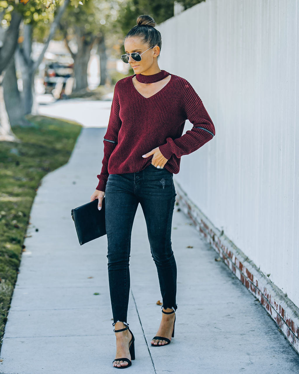 Brantley Cotton Cutout Zip Sweater - Burgundy - FINAL SALE Insstreet