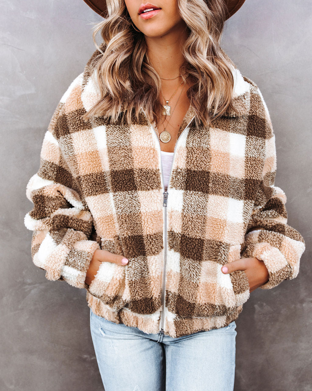 Forever Plaid Pocketed Teddy Jacket Ins Street