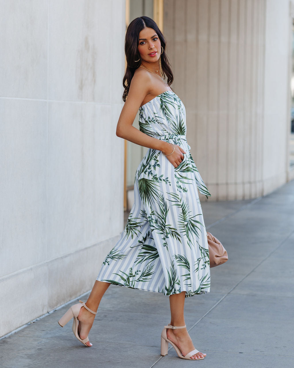 Fangirl Strapless Pocketed Palm Print Jumpsuit Ins Street