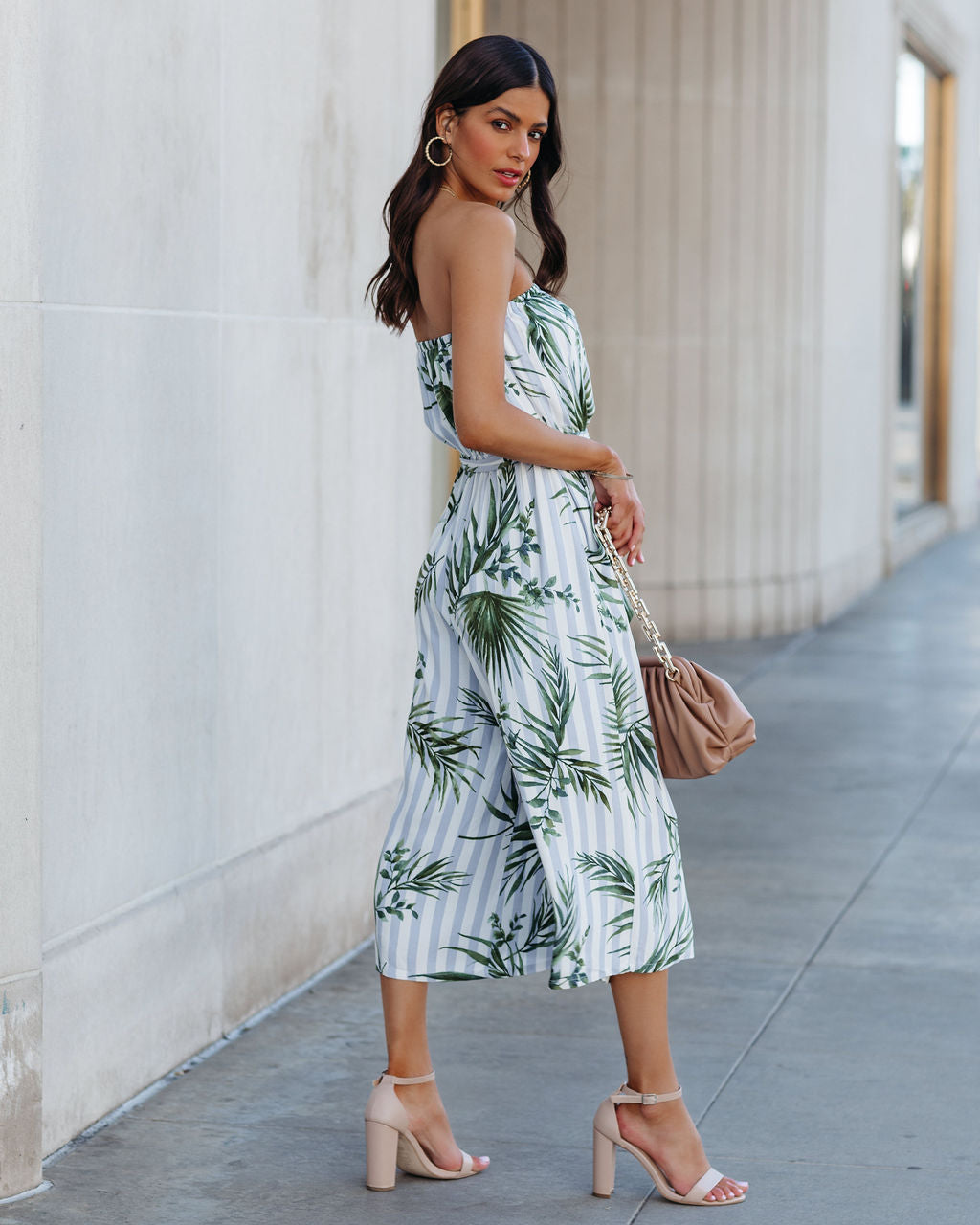 Fangirl Strapless Pocketed Palm Print Jumpsuit Ins Street