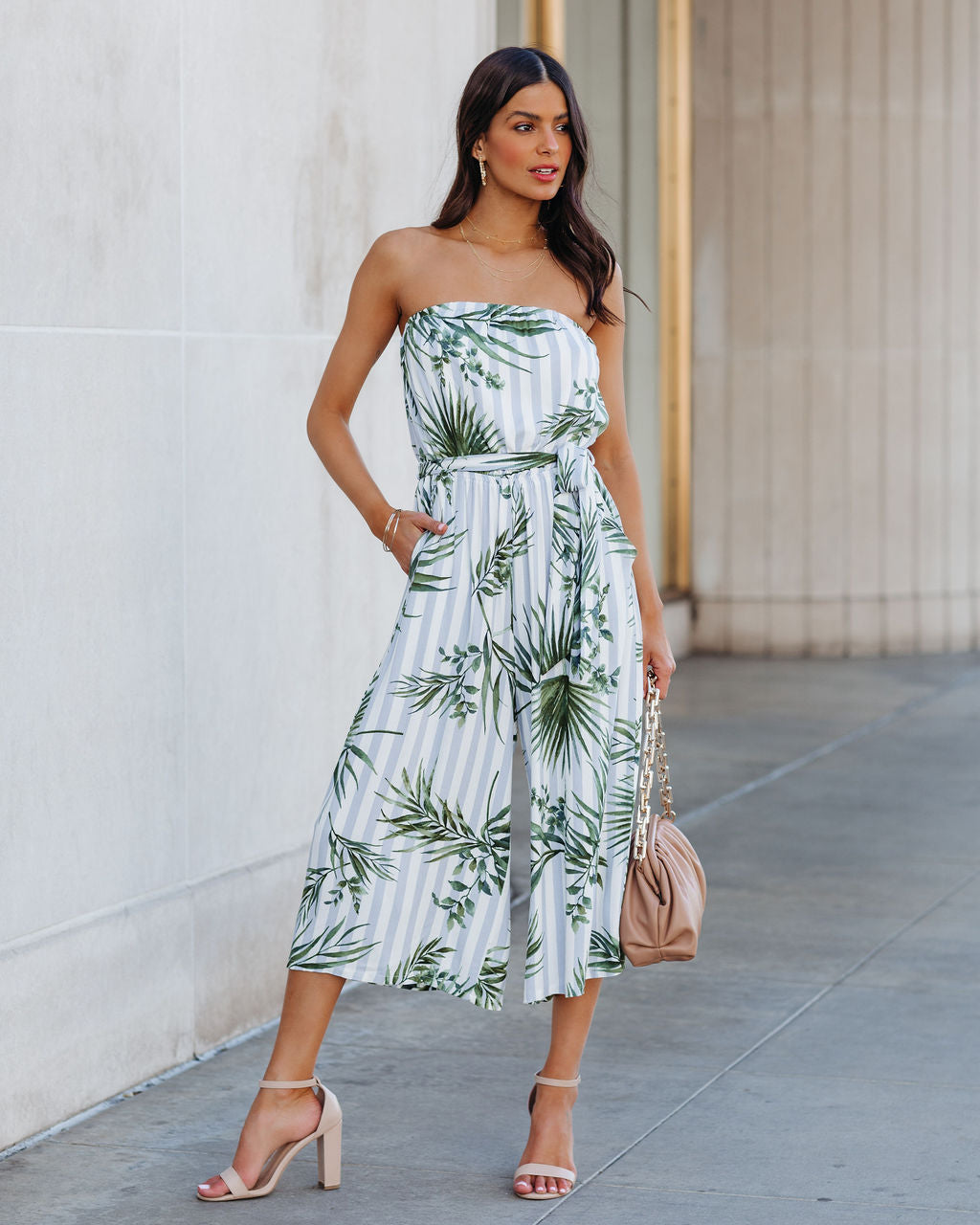 Fangirl Strapless Pocketed Palm Print Jumpsuit Ins Street