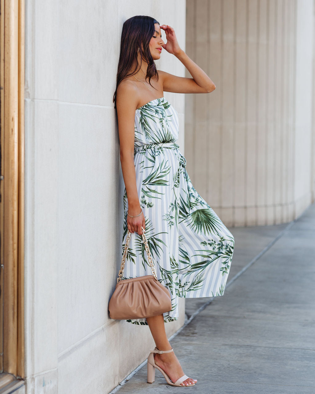 Fangirl Strapless Pocketed Palm Print Jumpsuit Ins Street