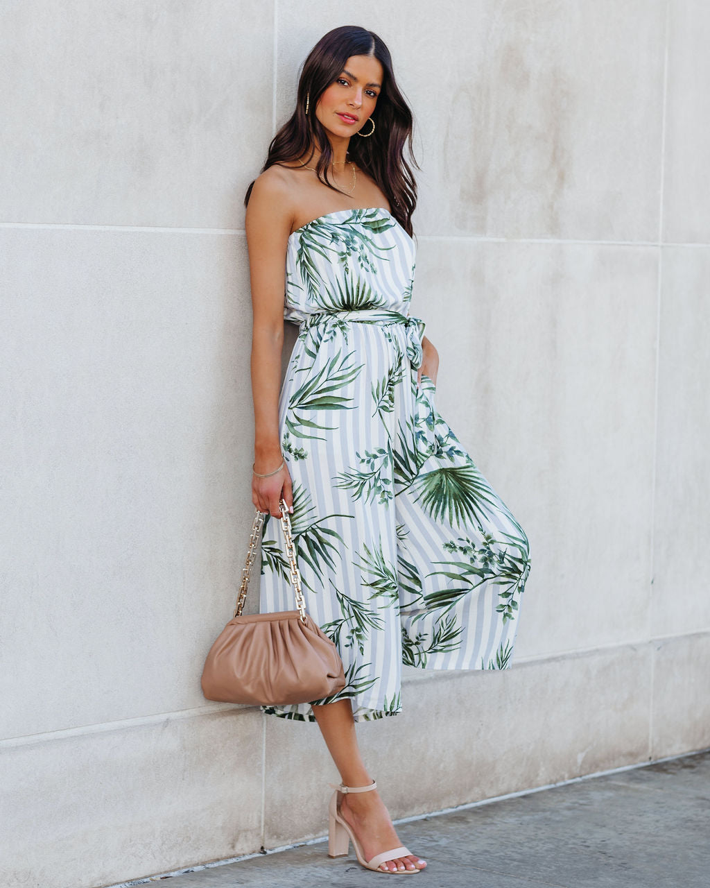 Fangirl Strapless Pocketed Palm Print Jumpsuit Ins Street