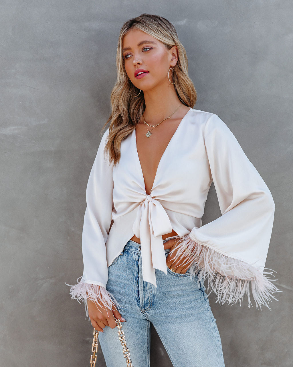 Feathers In The Wind Bell Sleeve Tie Blouse - Champagne Ins Street