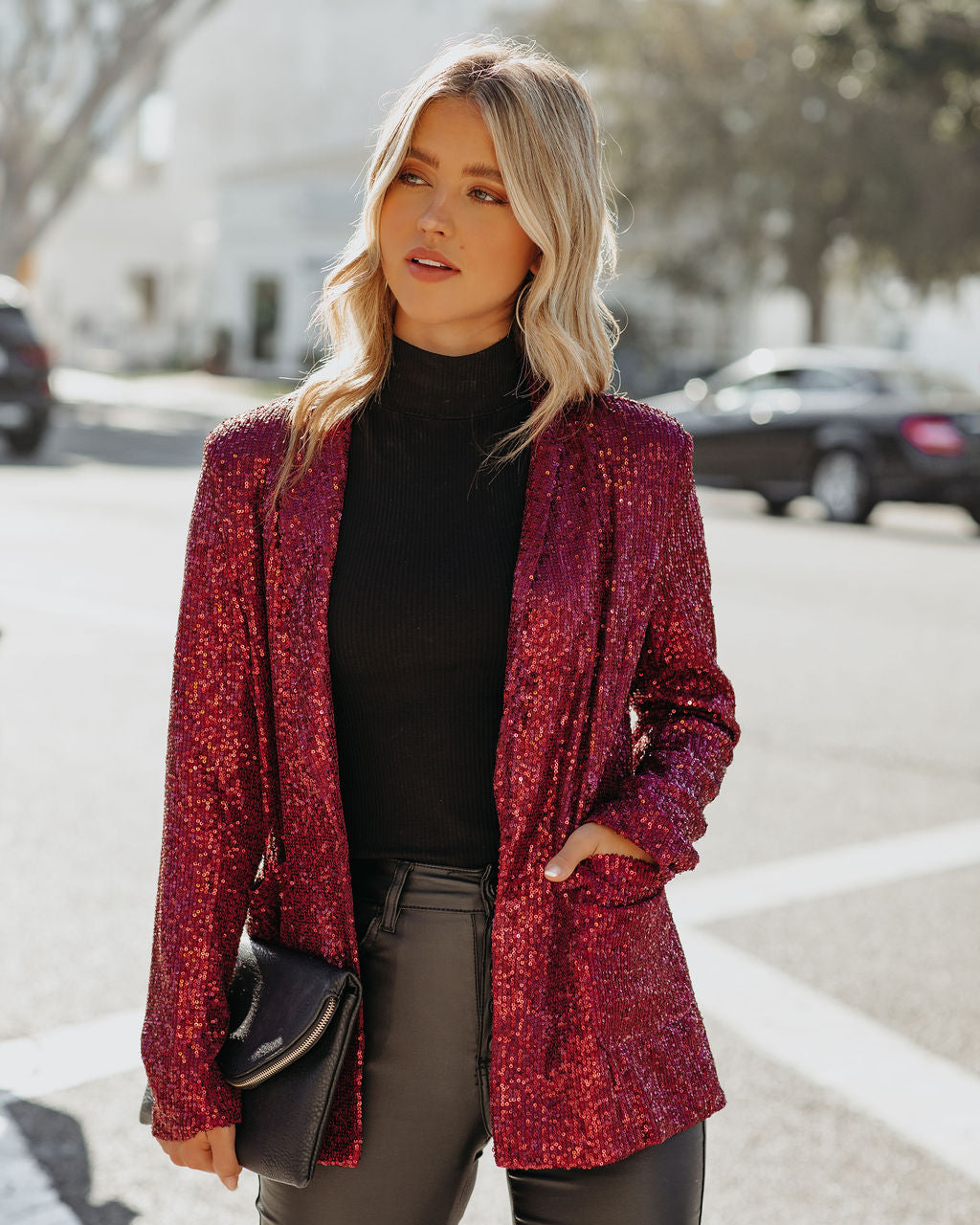 Festive Flair Pocketed Sequin Blazer - Burgundy Ins Street