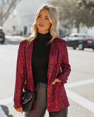 Festive Flair Pocketed Sequin Blazer - Burgundy Ins Street