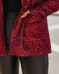 Festive Flair Pocketed Sequin Blazer - Burgundy Ins Street