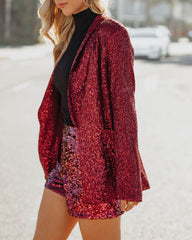 Festive Flair Pocketed Sequin Blazer - Burgundy Ins Street