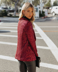 Festive Flair Pocketed Sequin Blazer - Burgundy Ins Street