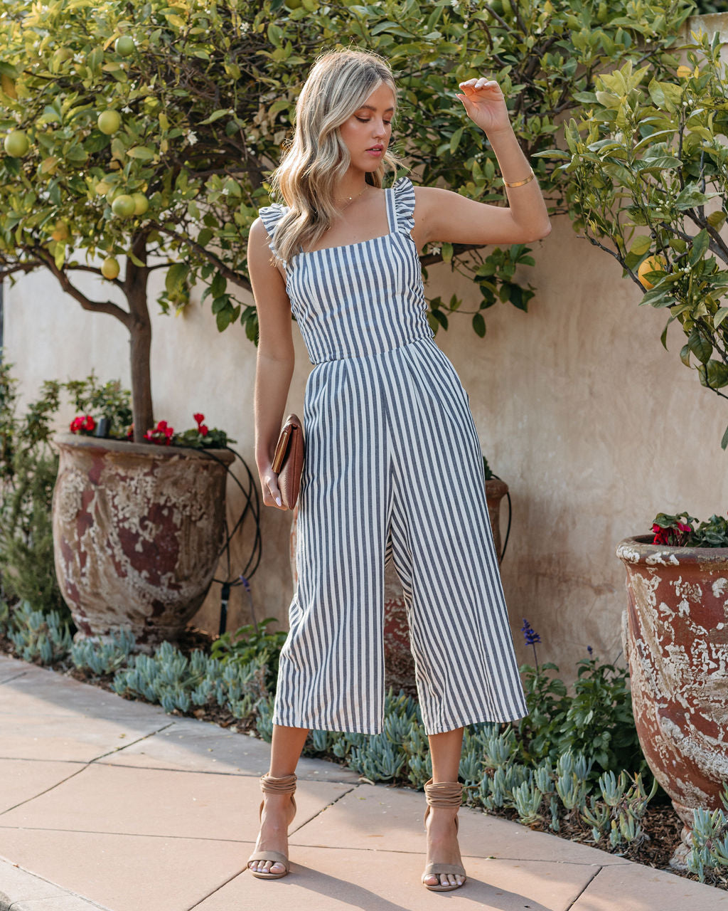 Flip Side Cotton Blend Pocketed Striped Ruffle Jumpsuit - Denim Blue Ins Street