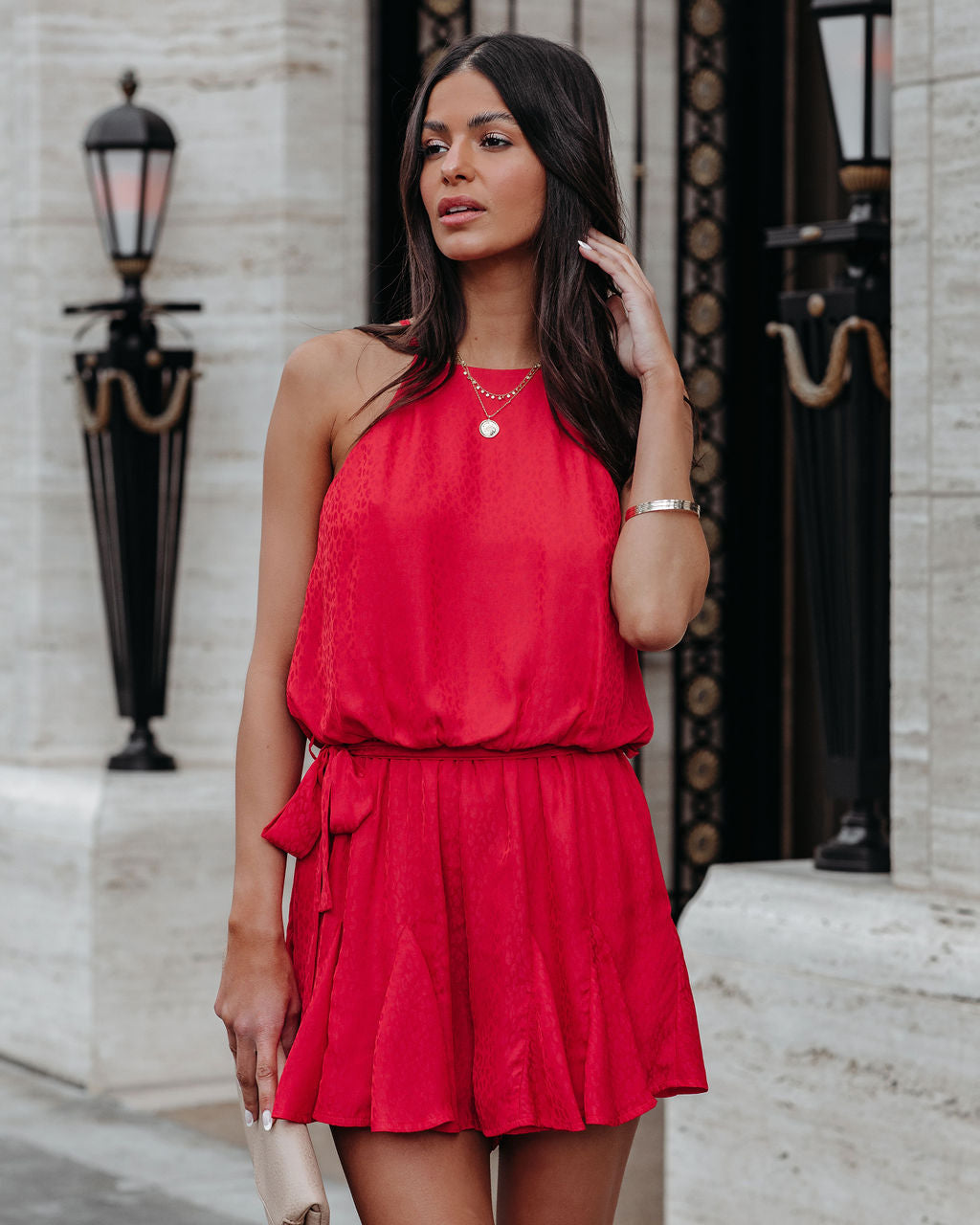 Former Flame Satin Leopard Embossed Romper - Red Ins Street