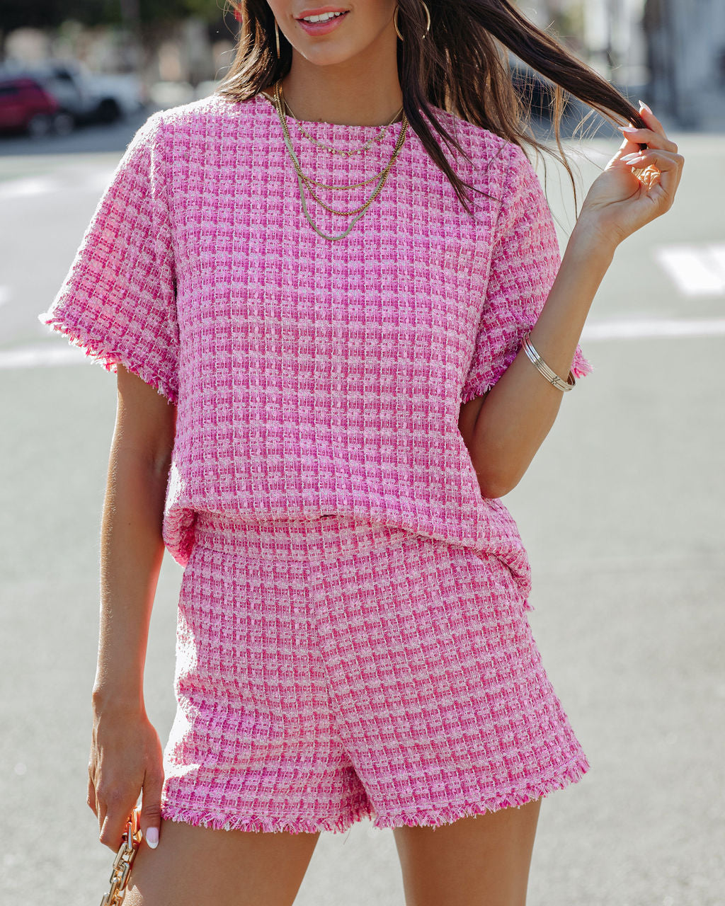 Gracie Frayed Short Sleeve Tweed Blouse - Pink Ins Street