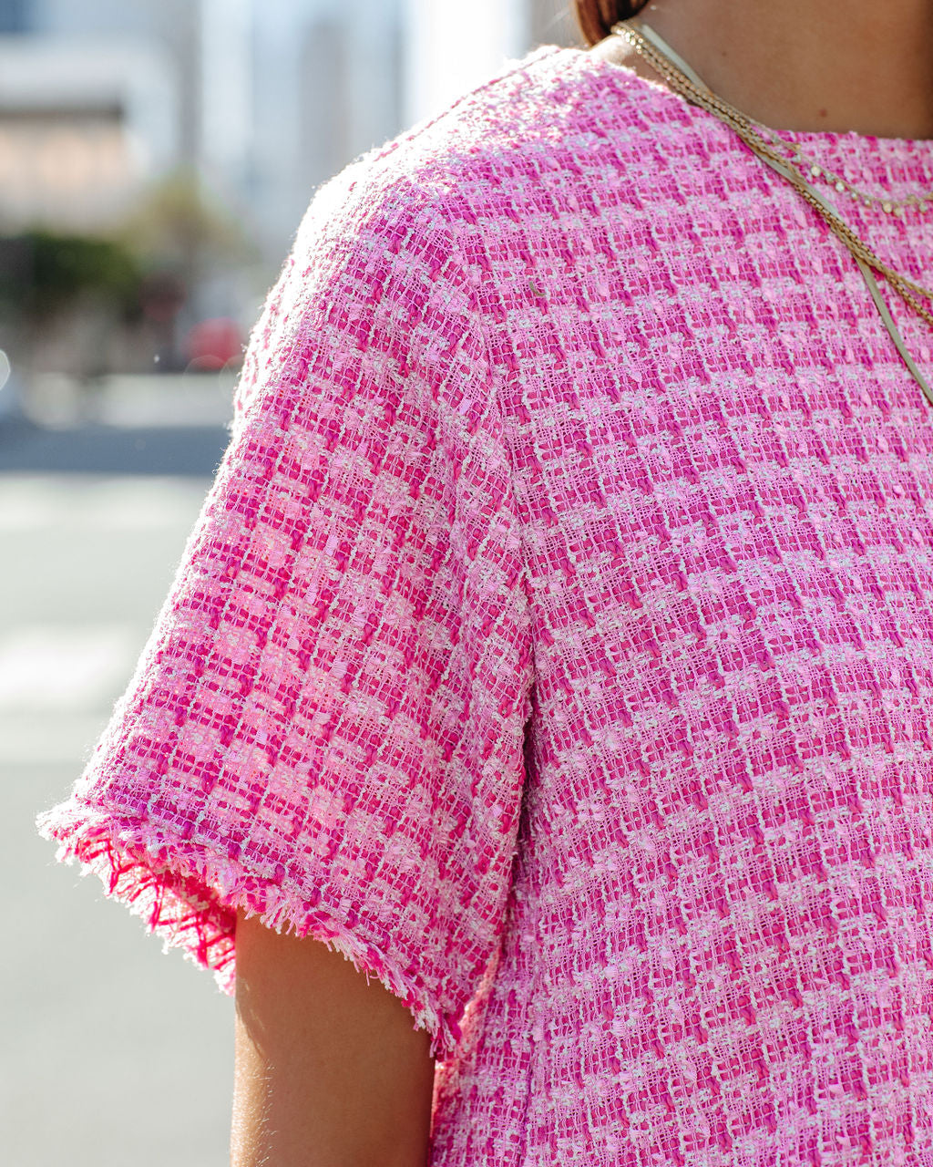 Gracie Frayed Short Sleeve Tweed Blouse - Pink Ins Street